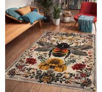 Luyemci Vintage Country Bee Area Rug, 70x140cm, Boho Flower Plant Indoor Carpet, Spring Summer Bee Decoration Machine Washable Indoor Area Mat, Anti-Skid Dirty Resistant Rugs for Bedside Bedroom