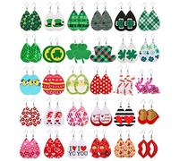 LUYI 30 Pairs Multicolour Faux Leather Teardrop Dangle Earrings Set for Women: Valentines Day, St Patricks Day, Easter - Chrome Zinc - Lightweight - French Wire - Heart Shape - EARRING