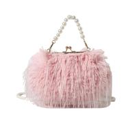 LUYSGBXR Fluffy Feather Bag Turkey Feather Pearl Chain Portable Messenger Bag Female Ostrich Feather Plush Dress Women's Bag(Pink Pearls)