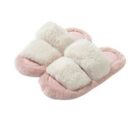 LUYYBDBG slippers women Double Bar Contrast Cotton For Women's Breathable Dopamine Fur Home Ins Plush Slippers-pink-36-37