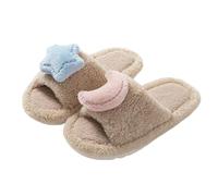 LUYYBDBG slippers women Star Moon Open-on Plush Women's Contrasted Color European And American Fur Warm Home Cotton Women-shallow Coffee-40-41