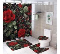LUYYSKY Abstract Romantic Red Rose Shower Curtain Decor Set,Vintage Rustic Garden Flower Valentines Wildlife Leopard Bathroom Decor Sets With Rugs,Bathroom Shower Curtain Set