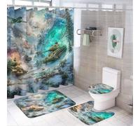 LUYYSKY American Modern Tank 4Pcs Shower Curtain Sets,Watercolor Fantasy Snowy Mountain Forest Army Fighter Bathroom Sets with Non-Slip Rugs, Toilet Lid Cover And Bath Mat