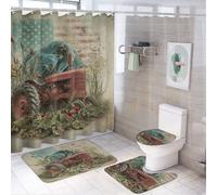 LUYYSKY American Realistic Tractor 4Pcs Shower Curtain Sets,Rustic Vintage Western Farm Wildflower Old Red Tractor Bathroom Sets with Non-Slip Rugs, Toilet Lid Cover And Bath Mat