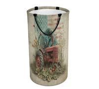 LUYYSKY American Realistic Tractor Collapsible Dirty Clothes Basket, Rustic Vintage Western Farm Wildflower Old Red Tractor Portable Clothes Storage Basket