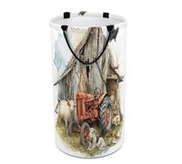 LUYYSKY American Realistic Tractor Versatile Storage Laundry Basket, Rustic Vintage Western Farmhouse Barn Old Red Tractor Sheep Large Capacity Bathroom Hamper With Handle