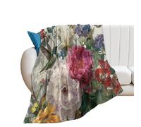 LUYYSKY Beautiful Abstract Colorful Floral Lightweight Flannel Blanket Elegant Rustic Plant Boho Flowers Green Leaves Butterflies Hummingbird Cozy Soft Throw Blanket, 130x150 cm