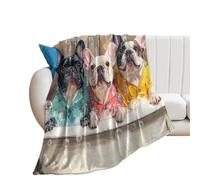 LUYYSKY Beautiful Abstract Cute Bulldog Flannel Blanket Bedding Sofa Decor Colorful Watercolor Wooden Planks Bathtub Animal French Bulldog Soft Warm Throw Blanket, 100x130 cm