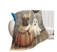 LUYYSKY Beautiful Abstract Cute Bulldog Lightweight Flannel Blanket Vintage Halloween Night Animals French Bulldog Bat Ghost Pumpkin Cozy Soft Throw Blanket, 150x200 cm