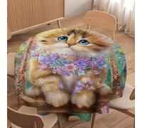 LUYYSKY Beautiful Abstract Cute Cats Waterproof Round Tablecloth Colorful Funny Spring Garden Plants Animals Butterflies Kittens Washable Table Cover for Kitchen-177.8" Wx177.8 L cm