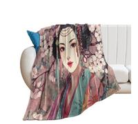 LUYYSKY Beautiful Abstract Elegant Geisha Flannel Blanket Bedding Sofa Decor Retro Realistic Plant Cherry Blossom Tree Japanese Girl Print Soft Warm Throw Blanket, 76x100 cm