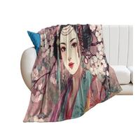 LUYYSKY Beautiful Abstract Elegant Geisha Lightweight Flannel Blanket Retro Realistic Plant Cherry Blossom Tree Japanese Girl Print Cozy Soft Throw Blanket, 150x200 cm
