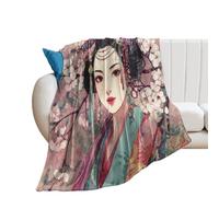 LUYYSKY Beautiful Abstract Elegant Geisha Lightweight Flannel Blanket Retro Realistic Plant Cherry Blossom Tree Japanese Girl Print Cozy Soft Throw Blanket, 130x150 cm