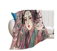 LUYYSKY Beautiful Abstract Elegant Geisha Lightweight Flannel Blanket Retro Realistic Plant Cherry Blossom Tree Japanese Girl Print Cozy Soft Throw Blanket, 100x130 cm
