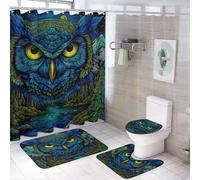 LUYYSKY Beautiful Abstract Elegant Owl 4Pcs Shower Curtain Sets,Classic Rustic Full Moon Forest Animal Owl Print Bathroom Sets with Non-Slip Rugs, Toilet Lid Cover And Bath Mat-182cm W x 182cm L