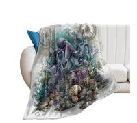 LUYYSKY Beautiful Abstract Monster Octopus Flannel Blanket Bedding Sofa Decor Retro Realistic Ocean Sea Life Animals Octopus Coral Compass Soft Warm Throw Blanket, 130x150 cm