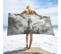 LUYYSKY Beautiful Abstract Ocean Lighthouse Quick-Drying Beach Towel, Retro Mid Century Oil Painting Nautical Waves Reef Seagull Travel Vacation Single Sided Pile Bathroom Towels