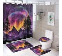 LUYYSKY Beautiful Abstract Outer Space 4Pcs Shower Curtain Sets,Colorful Watercolor Galaxy Landscape Mountain Forest Planet Bathroom Sets with Non-Slip Rugs, Toilet Lid Cover And Bath Mat