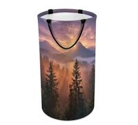 LUYYSKY Beautiful Abstract Pine Tree Versatile Storage Laundry Basket, Classic Rustic Sunrise Misty Mountain Plant Pine Forest Print Large Capacity Bathroom Hamper With Handle