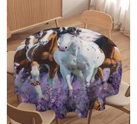 LUYYSKY Beautiful Classic Animal Horses Waterproof Round Tablecloth Classic Nature Plant Purple Flowers Butterflies Print Washable Table Cover for Kitchen-60 Wx60 L