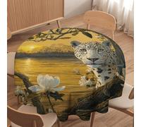 LUYYSKY Beautiful Classic Elegant Leopard Waterproof Round Tablecloth Modern Watercolor Sunset Animals Cheetah Plants Magnolia Floral Washable Table Cover for Kitchen-177.8" Wx177.8 L cm