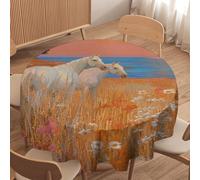 LUYYSKY Beautiful Classic Western Horse Waterproof Round Tablecloth Rustic Vintage Sunset Beach Animal Horses Plant Daisies Flowers Washable Table Cover for Kitchen-177.8" Wx177.8 L cm