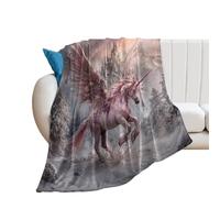 LUYYSKY Beautiful Cute Fantasy Unicorn Flannel Blanket Bedding Sofa Decor Modern Aesthetic Snow Forest Castle Mythical Animal Unicorn Soft Warm Throw Blanket, 76x100 cm