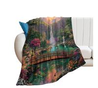 LUYYSKY Beautiful Fantasy Spring Garden Lightweight Flannel Blanket Rustic Abstract Japanese Wooden Bridge Floral Birds Waterfall Cozy Soft Throw Blanket