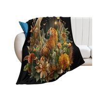 LUYYSKY Beautiful Fantasy Wildlife Tiger Lightweight Flannel Blanket Modern Galaxy Moon Star Boho Jungle Plant Flowers Animal Tiger Cozy Soft Throw Blanket, 150x200 cm