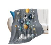 LUYYSKY Beautiful Funny Cute Astronaut Lightweight Flannel Blanket Colorful Comic Galaxy Theme Planets Sun Moon Rocket Plants Cozy Soft Throw Blanket, 150x200 cm