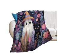 LUYYSKY Beautiful Funny Cute Ghost Flannel Blanket Bedding Sofa Decor Abstract Halloween Night Animal Black Cat Plant Floral Ghost Soft Warm Throw Blanket, 100x130 cm