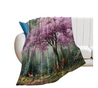 LUYYSKY Beautiful Japanese Cherry Blossom Lightweight Flannel Blanket Rustic Watercolor Spring Landscape Plant Tree Animal Birds Cozy Soft Throw Blanket, 150x200 cm