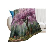 LUYYSKY Beautiful Japanese Cherry Blossom Lightweight Flannel Blanket Rustic Watercolor Spring Landscape Plant Tree Animal Birds Cozy Soft Throw Blanket, 130x150 cm