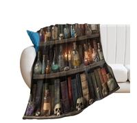 LUYYSKY Beautiful Modern Magic Bookshelf Flannel Blanket Bedding Sofa Decor Gothic Aesthetic Halloween Skull Skeleton Pattern Soft Warm Throw Blanket, 150x200 cm