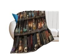 LUYYSKY Beautiful Modern Magic Bookshelf Flannel Blanket Bedding Sofa Decor Gothic Aesthetic Halloween Skull Skeleton Pattern Soft Warm Throw Blanket, 76x100 cm