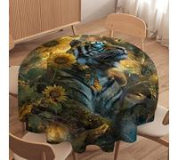 LUYYSKY Beautiful Natural Galaxy Tiger Waterproof Round Tablecloth Colorful Fantasy Outer Space Theme Animals Tiger Butterfly Plants Sunf Washable Table Cover for Kitchen-50 Wx50 L