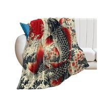 LUYYSKY Beautiful Nautical Goldfish Red Sun Lightweight Flannel Blanket Abstract Retro Japanese Great Waves Cherry Blossom Cozy Soft Throw Blanket, 76x100 cm