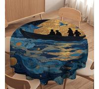 LUYYSKY Beautiful Nautical Ocean Silhouette Round Tablecloth Rustic Minimalist Full Moon Ship Boat Animal Bird Sea Waves Washable Decor for Table Cover for Kitchen-127 Wx127 L cm