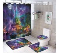 LUYYSKY Beautiful Oil Painting Eiffel Tower 4Pcs Shower Curtain Sets,Fantasy Colorful Galaxy Full Moon France Paris Tower Bathroom Sets with Non-Slip Rugs, Toilet Lid Cover And Bath Mat