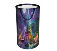 LUYYSKY Beautiful Oil Painting Eiffel Tower Collapsible Dirty Clothes Basket, Fantasy Colorful Galaxy Full Moon France Paris Tower Portable Clothes Storage Basket