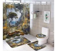 LUYYSKY Beautiful Oil Painting Open Window 4Pcs Shower Curtain Sets,Vintage Rustic Forest Field Wildflowers Landscape Bathroom Sets with Non-Slip Rugs, Toilet Lid Cover And Bath Mat