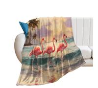 LUYYSKY Beautiful Realistic Flamingos Flannel Blanket Bedding Sofa Decor Classic Oil Painting Sunset Sea Beach Tropical Animals Flamingos Palm Soft Warm Throw Blanket, 130x150 cm