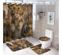 LUYYSKY Beautiful Realistic Highland Cow Shower Curtain Decor Set,Colorful Rustic Farm Barn Sunflower Animals Cowboy Hat Bathroom Decor Sets With Rugs,Bathroom Shower Curtain Set