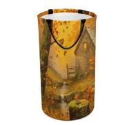 LUYYSKY Beautiful Realistic Log Cabin Versatile Storage Laundry Basket, Classic Abstract Fall Plant Maple Trees Animal Birds Pattern Large Bathroom Laundry Hamper With Handle-40 CM Dia, 69 CM High