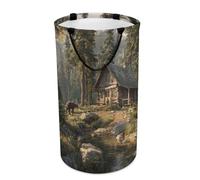 LUYYSKY Beautiful Realistic Wooden Cabin Versatile Storage Laundry Basket, Colorful Rustic Theme Animals Bears Plants Pine Forest River Large Capacity Bathroom Hamper With Handle