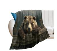 LUYYSKY Beautiful Retro Animal Bear Lightweight Flannel Blanket Classic Abstract Forest Mountain Landscape Wooden Fence Cozy Soft Throw Blanket, 76x100 cm