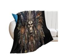 LUYYSKY Beautiful Retro Ethnic Skull Flannel Blanket Bedding Sofa Decor Realistic Exotic Halloween Tribal Feather Dreamcatcher Skeleton Soft Warm Throw Blanket, 150x200 cm
