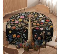 LUYYSKY Beautiful Retro Tree of Life Waterproof Round Tablecloth Modern Art Boho Botanical Trees Flowers Pattern Washable Table Cover for Kitchen-91.4" Wx91.4 L cm
