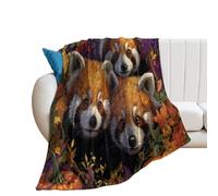 LUYYSKY Beautiful Rustic Animal Red Pandas Flannel Blanket Bedding Sofa Decor Classic Oil Painting Plants Maple Leaves Pumpkins Print Soft Warm Throw Blanket, 150x200 cm
