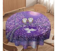 LUYYSKY Beautiful Rustic Birds Owls Waterproof Round Tablecloth Classic Natural Full Moon Cherry Blossom Trees Animals Owls Print Washable Table Cover for Kitchen-91.4" Wx91.4 L cm